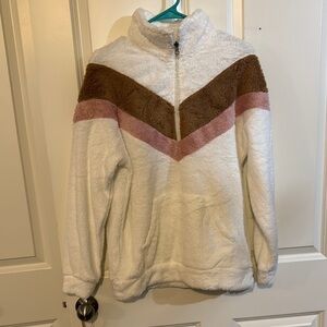 Cozy White Fleece Jacket with Brown and Pink Accents